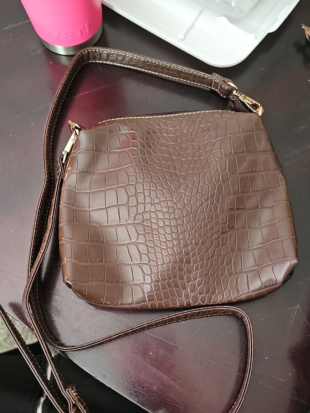 Croc-Textured Brown Crossbody Shoulder Bag with Gold Hardware